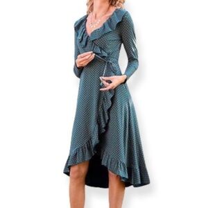 MATILDA JANE  Reunion Dress Wrap Around Ruffle Green Floral Polka Dots XS